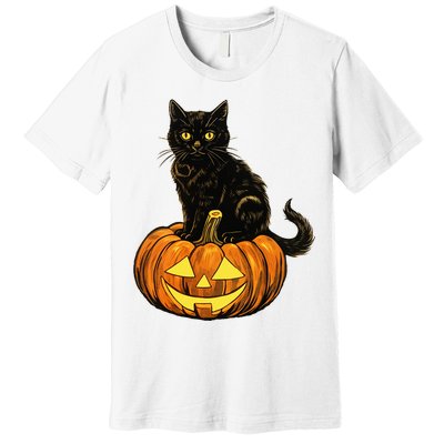 Retro Black Cat Halloween Pumpkin Costume Premium T-Shirt