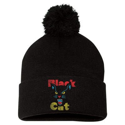 Retro Black Cat Retro Fireworks Vintage Halloween 70s Pom Pom 12in Knit Beanie
