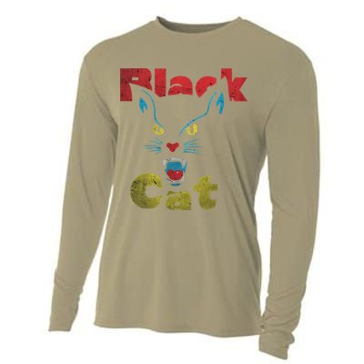 Retro Black Cat Retro Fireworks Vintage Halloween 70s Cooling Performance Long Sleeve Crew