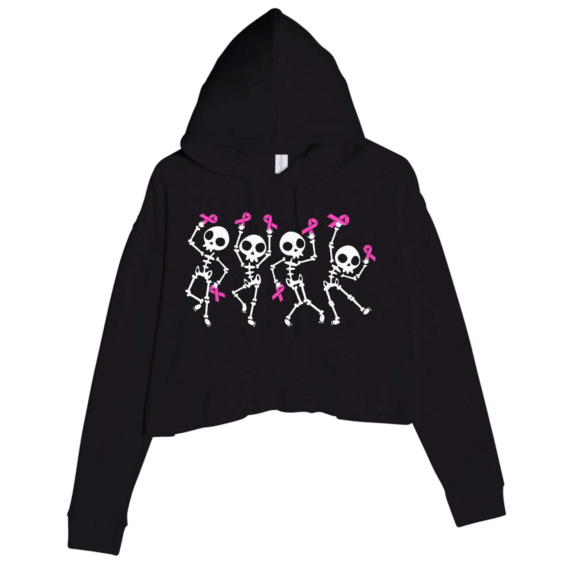 Ribbon Breast Cancer Awareness Skeleton Crop Fleece Hoodie
