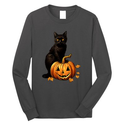 Retro Black Cat Halloween Pumpkin Costume For Thankgiving Gift Long Sleeve Shirt