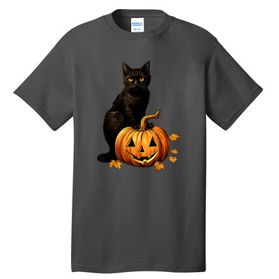 Retro Black Cat Halloween Pumpkin Costume For Thankgiving Gift Tall T-Shirt