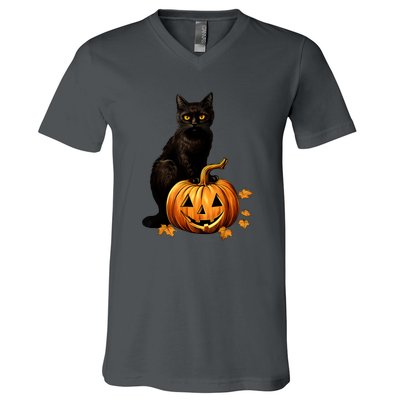 Retro Black Cat Halloween Pumpkin Costume For Thankgiving Gift V-Neck T-Shirt