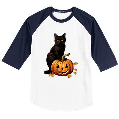 Retro Black Cat Halloween Pumpkin Costume For Thankgiving Gift Baseball Sleeve Shirt