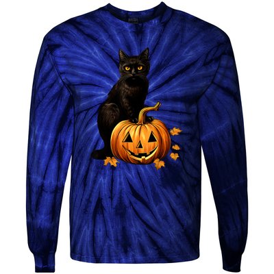 Retro Black Cat Halloween Pumpkin Costume For Thankgiving Gift Tie-Dye Long Sleeve Shirt