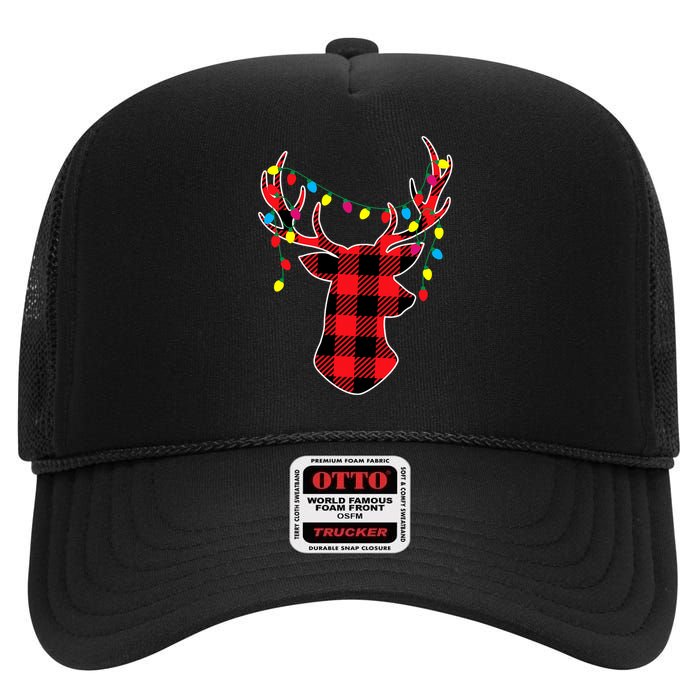 Red Black Christmas Gifts Buffalo Plaid Deer High Crown Mesh Back Trucker Hat