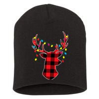 Red Black Christmas Gifts Buffalo Plaid Deer Short Acrylic Beanie