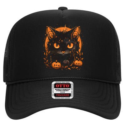 Retro Black Cat Halloween Pumpkin Costume High Crown Mesh Back Trucker Hat