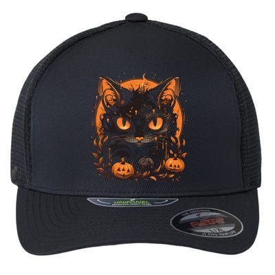 Retro Black Cat Halloween Pumpkin Costume Flexfit Unipanel Trucker Cap