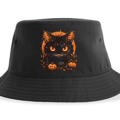 Retro Black Cat Halloween Pumpkin Costume Sustainable Bucket Hat