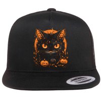 Retro Black Cat Halloween Pumpkin Costume Flat Bill Trucker Hat