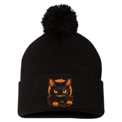 Retro Black Cat Halloween Pumpkin Costume Pom Pom 12in Knit Beanie