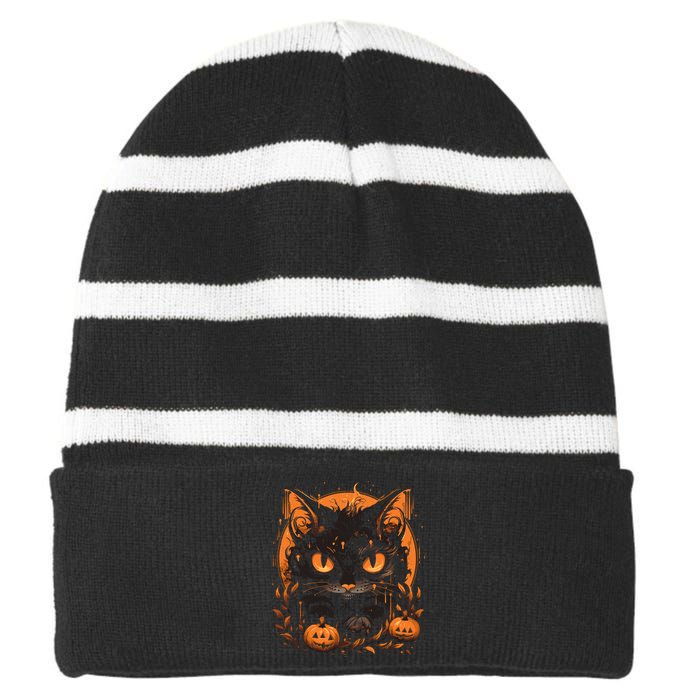 Retro Black Cat Halloween Pumpkin Costume Striped Beanie with Solid Band