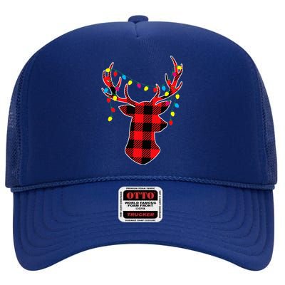 Red Black Christmas Gifts Buffalo Plaid Deer High Crown Mesh Back Trucker Hat