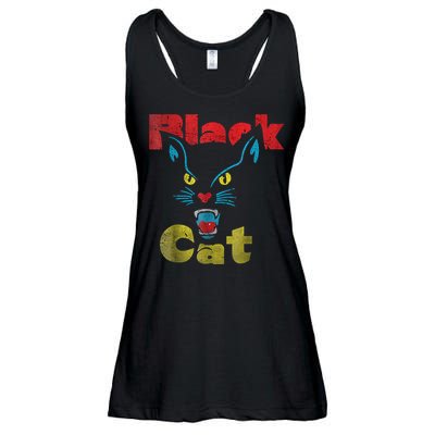 Retro Black Cat Retro Fireworks Vintage Halloween 70s Ladies Essential Flowy Tank