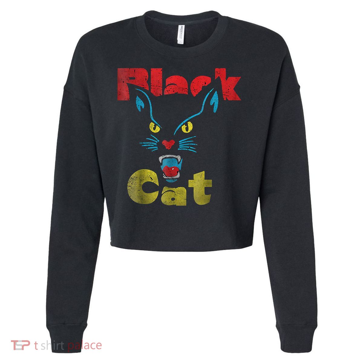 Retro Black Cat Retro Fireworks Vintage Halloween 70s Cropped Pullover Crew