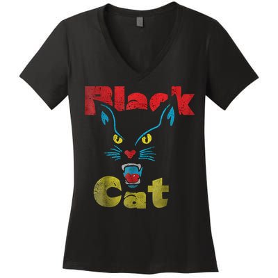 Retro Black Cat Retro Fireworks Vintage Halloween 70s Women's V-Neck T-Shirt