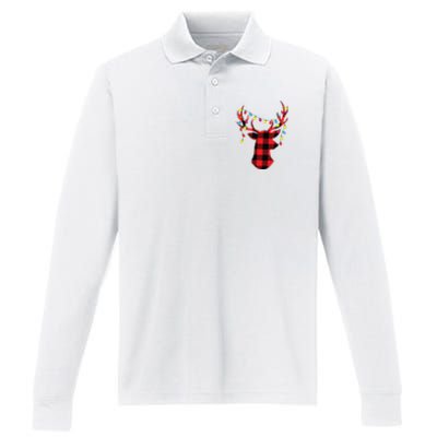 Red Black Christmas Gifts Buffalo Plaid Deer Women Men Performance Long Sleeve Polo