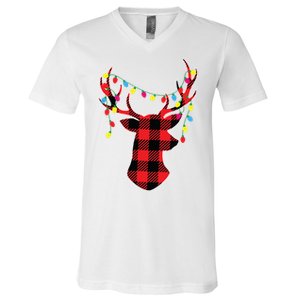 Red Black Christmas Gifts Buffalo Plaid Deer Women Men V-Neck T-Shirt