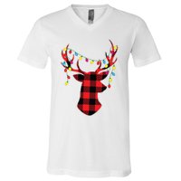 Red Black Christmas Gifts Buffalo Plaid Deer Women Men V-Neck T-Shirt