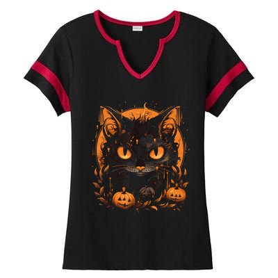 Retro Black Cat Halloween Pumpkin Costume For Ladies Halftime Notch Neck Tee