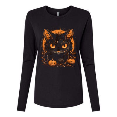 Retro Black Cat Halloween Pumpkin Costume For Womens Cotton Relaxed Long Sleeve T-Shirt