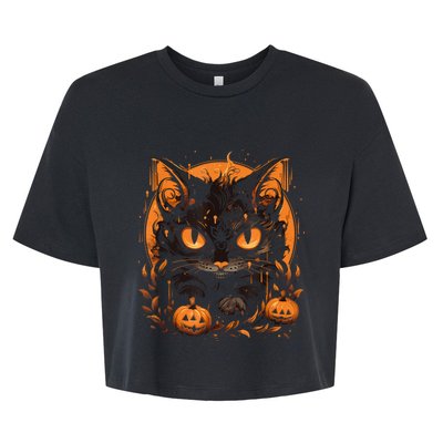 Retro Black Cat Halloween Pumpkin Costume For Bella+Canvas Jersey Crop Tee