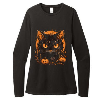 Retro Black Cat Halloween Pumpkin Costume For Womens CVC Long Sleeve Shirt