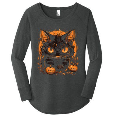 Retro Black Cat Halloween Pumpkin Costume For Women's Perfect Tri Tunic Long Sleeve Shirt