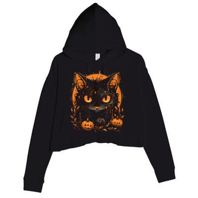 Retro Black Cat Halloween Pumpkin Costume For Crop Fleece Hoodie