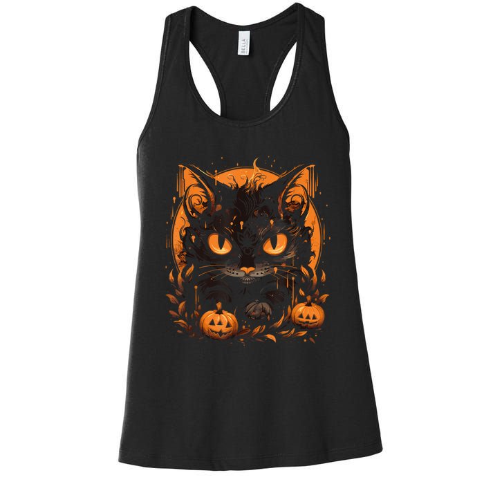 Retro Black Cat Halloween Pumpkin Costume For Women's Racerback Tank