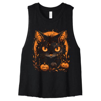 Retro Black Cat Halloween Pumpkin Costume For Women's Racerback Cropped Tank