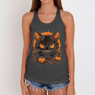 Retro Black Cat Halloween Pumpkin Costume For Women's Knotted Racerback Tank