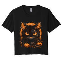 Retro Black Cat Halloween Pumpkin Costume For Women's Crop Top Tee