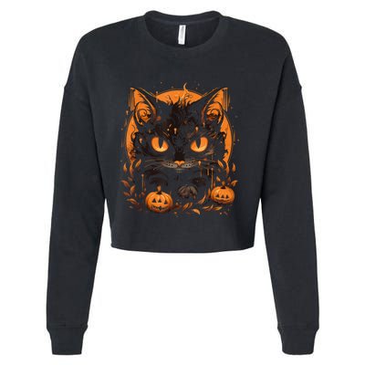 Retro Black Cat Halloween Pumpkin Costume For Cropped Pullover Crew