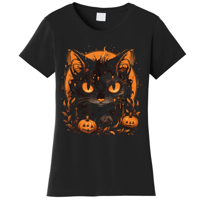 Retro Black Cat Halloween Pumpkin Costume For Women's T-Shirt