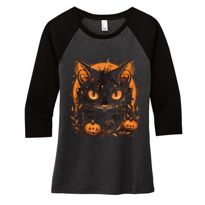 Retro Black Cat Halloween Pumpkin Costume For Women's Tri-Blend 3/4-Sleeve Raglan Shirt