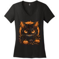 Retro Black Cat Halloween Pumpkin Costume For Women's V-Neck T-Shirt