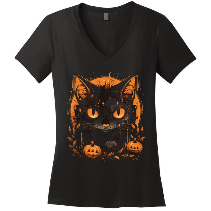 Retro Black Cat Halloween Pumpkin Costume For Women's V-Neck T-Shirt