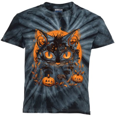 Retro Black Cat Halloween Pumpkin Costume For Kids Tie-Dye T-Shirt