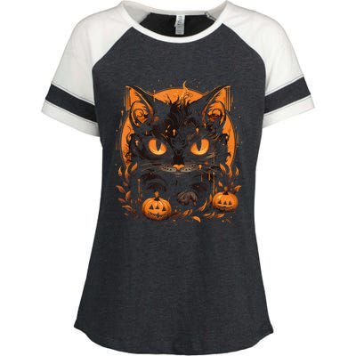 Retro Black Cat Halloween Pumpkin Costume For Enza Ladies Jersey Colorblock Tee