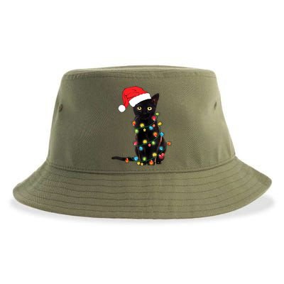 Retro Black Cat Christmas Light Funny Cat Sustainable Bucket Hat