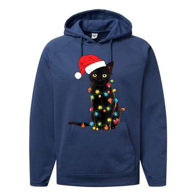 Retro Black Cat Christmas Light Funny Cat Performance Fleece Hoodie