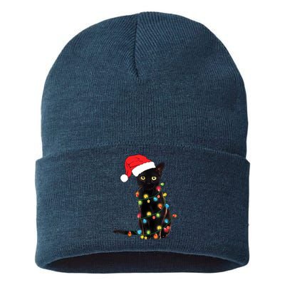 Retro Black Cat Christmas Light Funny Cat Sustainable Knit Beanie