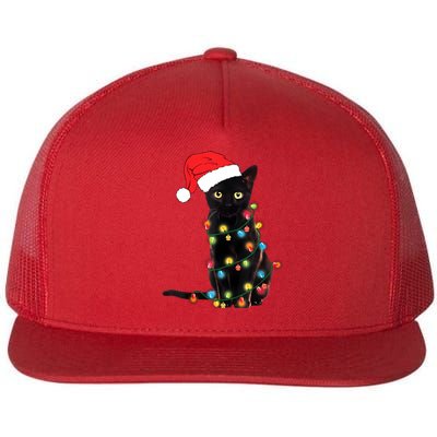 Retro Black Cat Christmas Light Funny Cat Flat Bill Trucker Hat