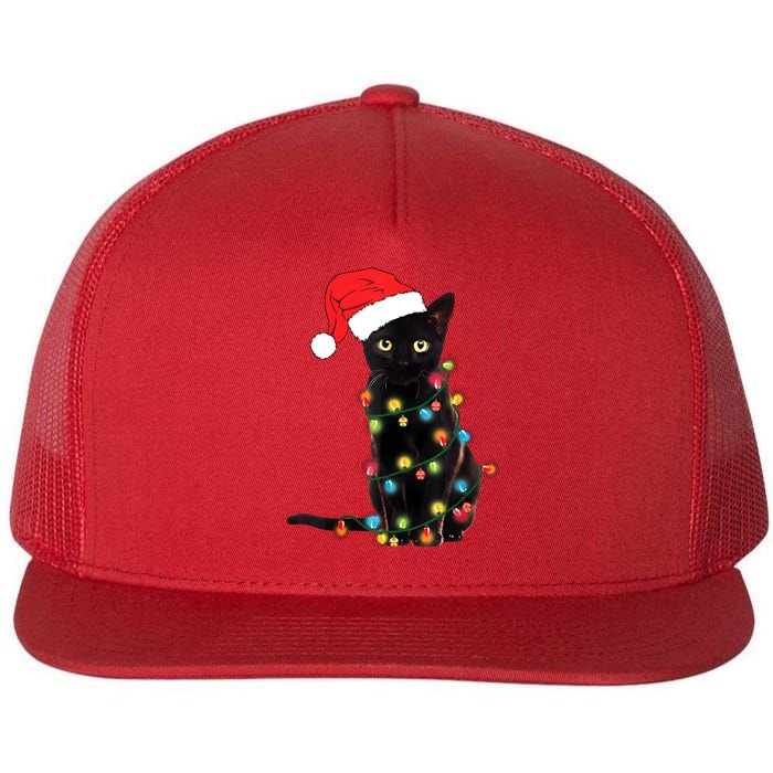 Retro Black Cat Christmas Light Funny Cat Flat Bill Trucker Hat