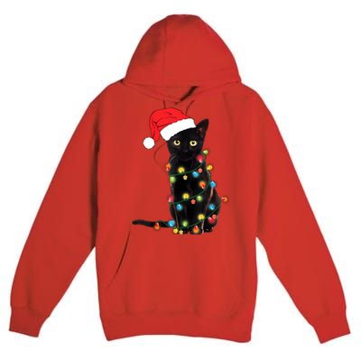 Retro Black Cat Christmas Light Funny Cat Premium Pullover Hoodie