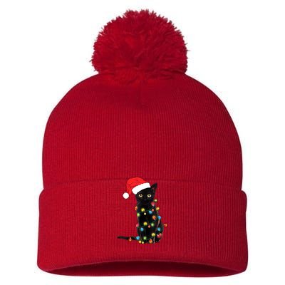 Retro Black Cat Christmas Light Funny Cat Pom Pom 12in Knit Beanie