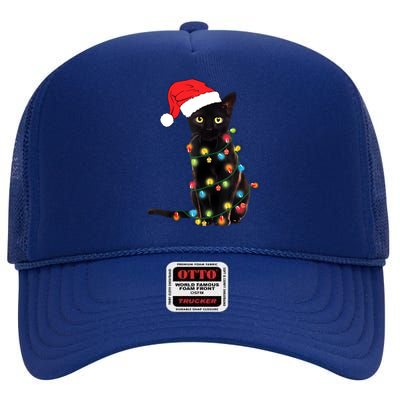 Retro Black Cat Christmas Light Funny Cat High Crown Mesh Back Trucker Hat