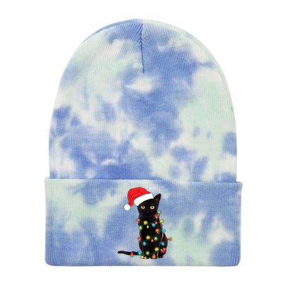 Retro Black Cat Christmas Light Funny Cat Tie Dye 12in Knit Beanie